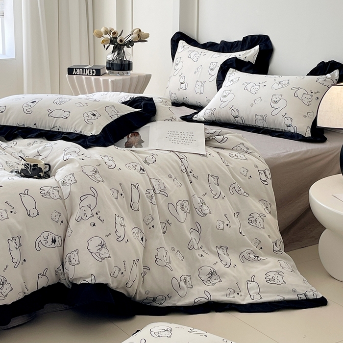 91家纺网 家纺一手货源 找家纺 蜜柚 2026新款全棉双层纱黑色花边复古赫本风四件套 线条猫咪