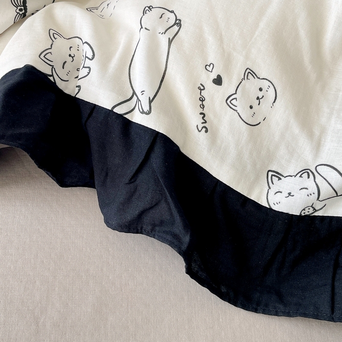 91家纺网 家纺一手货源 找家纺 蜜柚 2026新款全棉双层纱黑色花边复古赫本风四件套 线条猫咪