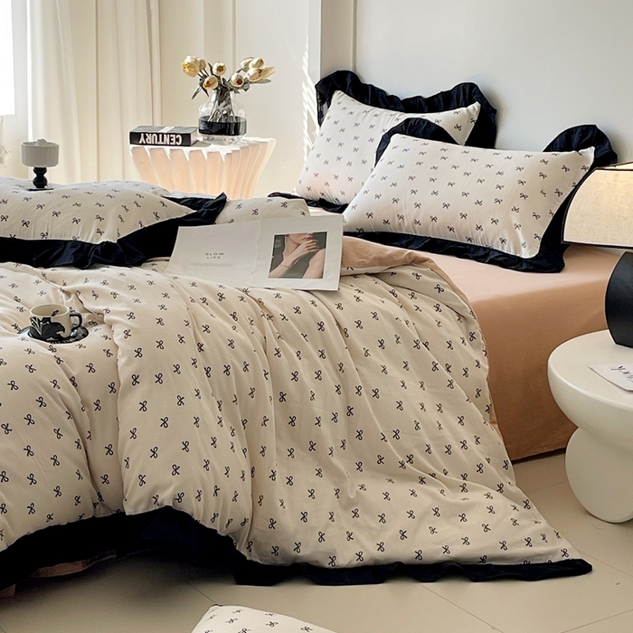 91家纺网 家纺一手货源 找家纺 蜜柚 2026新款全棉双层纱黑色花边复古赫本风四件套 少女心事