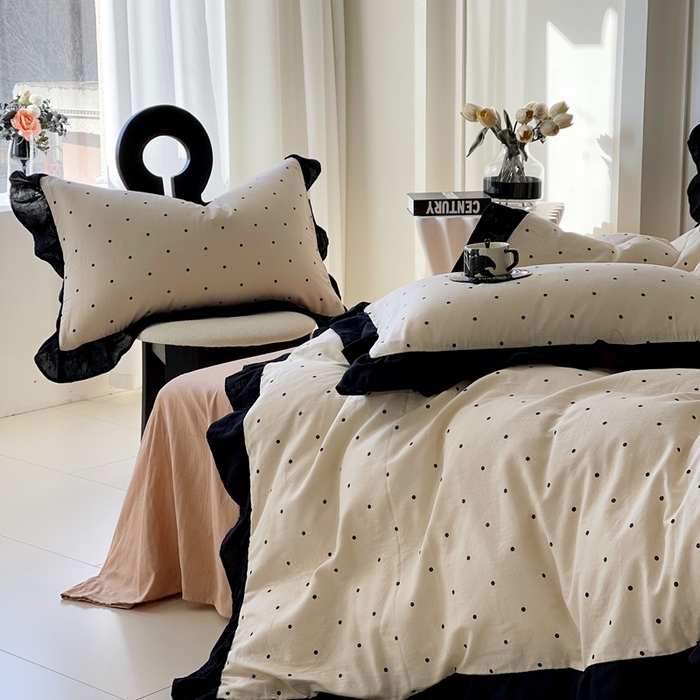 91家纺网 家纺一手货源 找家纺 蜜柚 2026新款全棉双层纱黑色花边复古赫本风四件套 圆舞曲