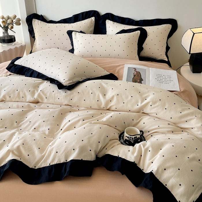 91家纺网 家纺一手货源 找家纺 蜜柚 2026新款全棉双层纱黑色花边复古赫本风四件套 圆舞曲