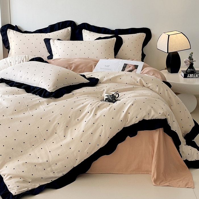 91家纺网 家纺一手货源 找家纺 蜜柚 2026新款全棉双层纱黑色花边复古赫本风四件套 圆舞曲