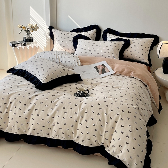 91家纺网 家纺一手货源 找家纺 蜜柚 2026新款全棉双层纱黑色花边复古赫本风四件套 少女心事