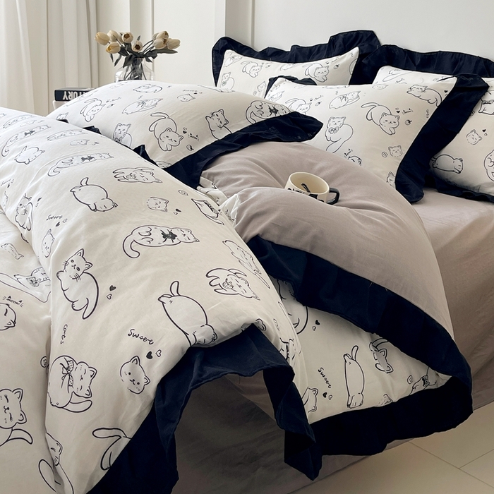 91家纺网 家纺一手货源 找家纺 蜜柚 2026新款全棉双层纱黑色花边复古赫本风四件套 线条猫咪