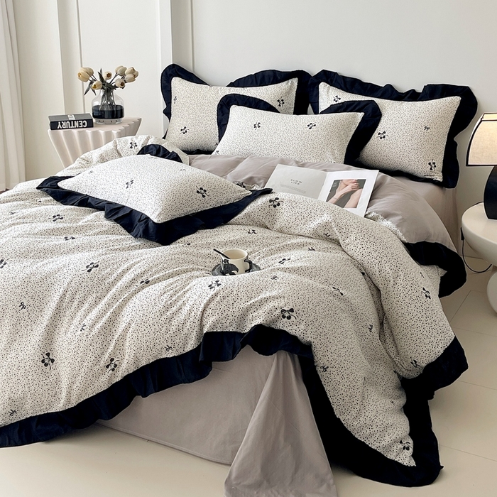 91家纺网 家纺一手货源 找家纺 蜜柚 2026新款全棉双层纱黑色花边复古赫本风四件套 蝴蝶结樱桃