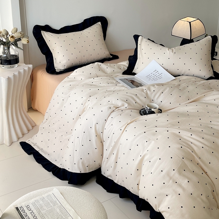 91家纺网 家纺一手货源 找家纺 蜜柚 2026新款全棉双层纱黑色花边复古赫本风四件套 圆舞曲