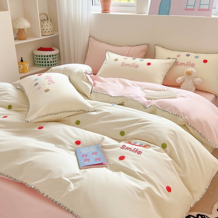 91家纺网 家纺一手货源 找家纺 （总）蜜柚 2026新款全棉贝壳边小清新刺绣花四件套