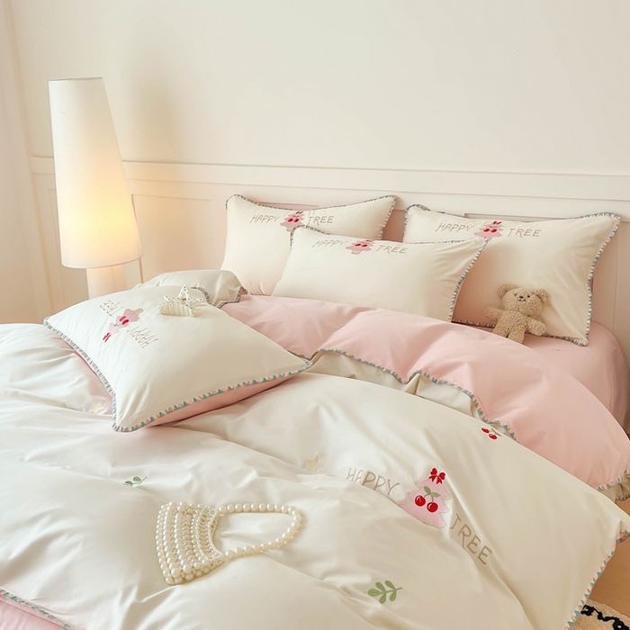 蜜柚 2026新款全棉贝壳边小清新刺绣花四件套 幸福树-粉