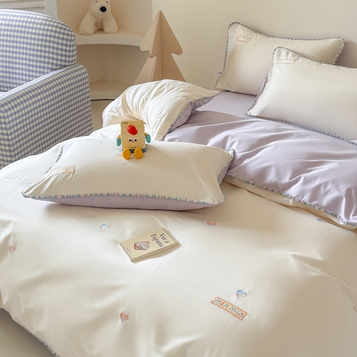 91家纺网 家纺一手货源 找家纺 蜜柚 2026新款全棉贝壳边小清新刺绣花四件套 爱心mini-白