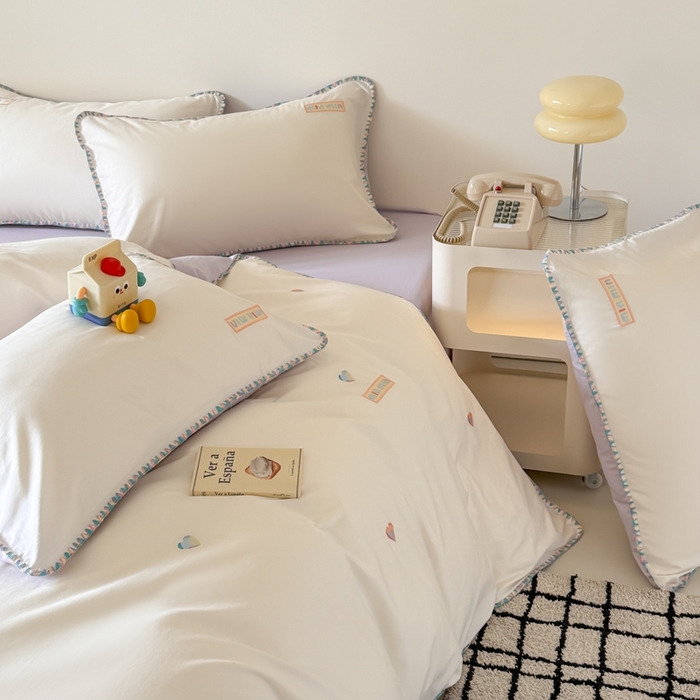 91家纺网 家纺一手货源 找家纺 蜜柚 2026新款全棉贝壳边小清新刺绣花四件套 爱心mini-白