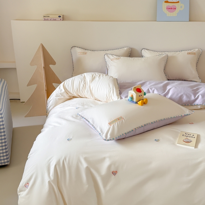 91家纺网 家纺一手货源 找家纺 蜜柚 2026新款全棉贝壳边小清新刺绣花四件套 爱心mini-白