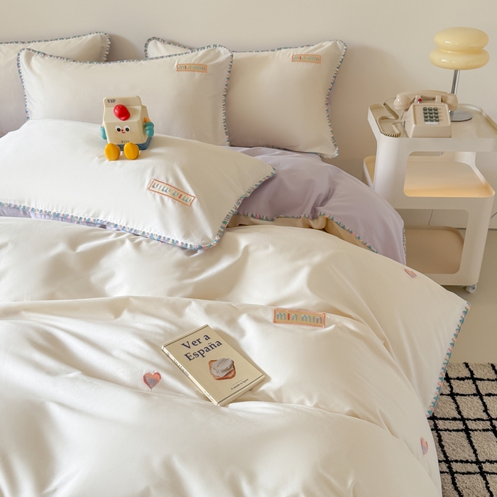 91家纺网 家纺一手货源 找家纺 蜜柚 2026新款全棉贝壳边小清新刺绣花四件套 爱心mini-白