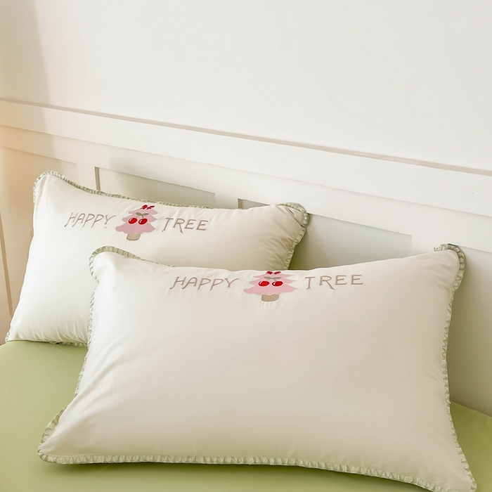 91家纺网 家纺一手货源 找家纺 蜜柚 2026新款全棉贝壳边小清新刺绣花四件套 幸福树-绿