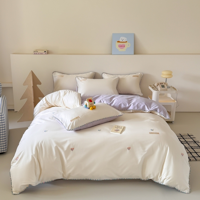 91家纺网 家纺一手货源 找家纺 蜜柚 2026新款全棉贝壳边小清新刺绣花四件套 爱心mini-白