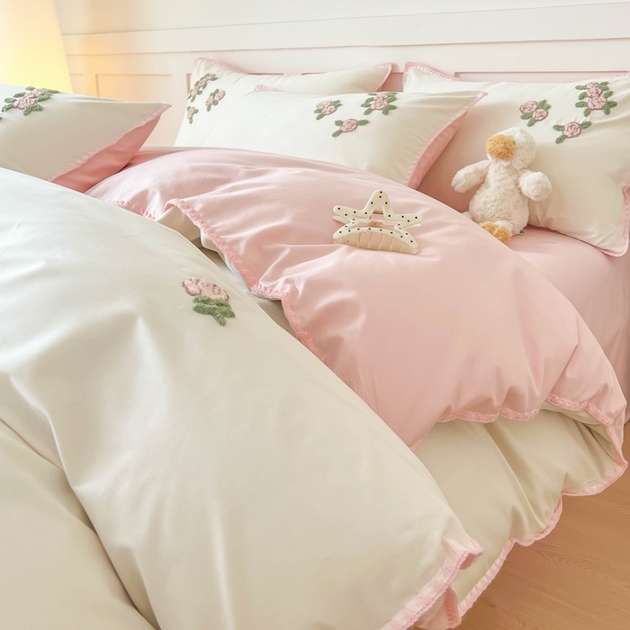 91家纺网 家纺一手货源 找家纺 蜜柚 2026新款全棉贝壳边小清新刺绣花四件套 玫瑰之约