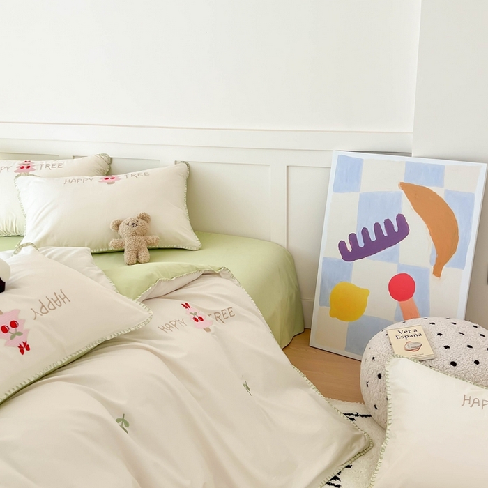 91家纺网 家纺一手货源 找家纺 蜜柚 2026新款全棉贝壳边小清新刺绣花四件套 幸福树-绿