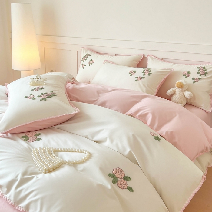 蜜柚 2026新款全棉贝壳边小清新刺绣花四件套 玫瑰之约