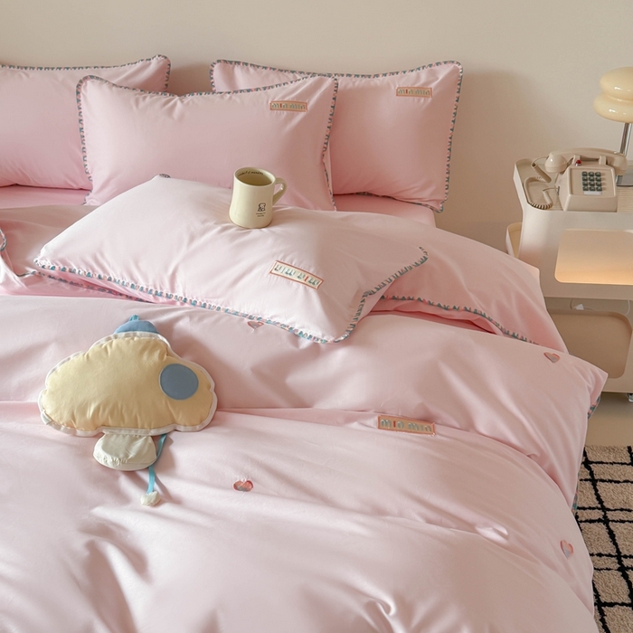 91家纺网 家纺一手货源 找家纺 蜜柚 2026新款全棉贝壳边小清新刺绣花四件套 爱心mini-粉