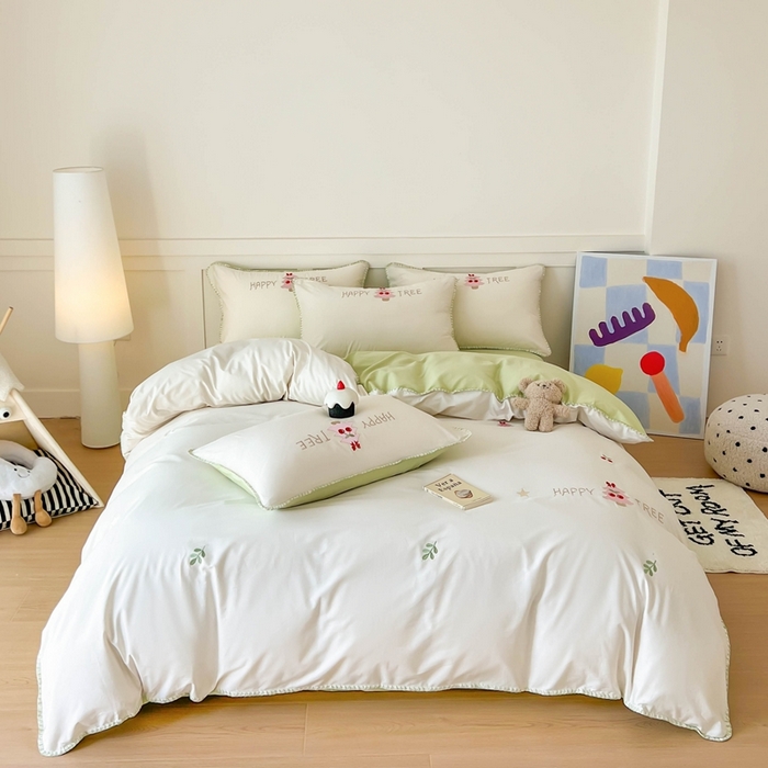 91家纺网 家纺一手货源 找家纺 蜜柚 2026新款全棉贝壳边小清新刺绣花四件套 幸福树-绿