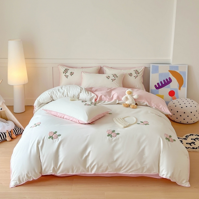 91家纺网 家纺一手货源 找家纺 蜜柚 2026新款全棉贝壳边小清新刺绣花四件套 玫瑰之约