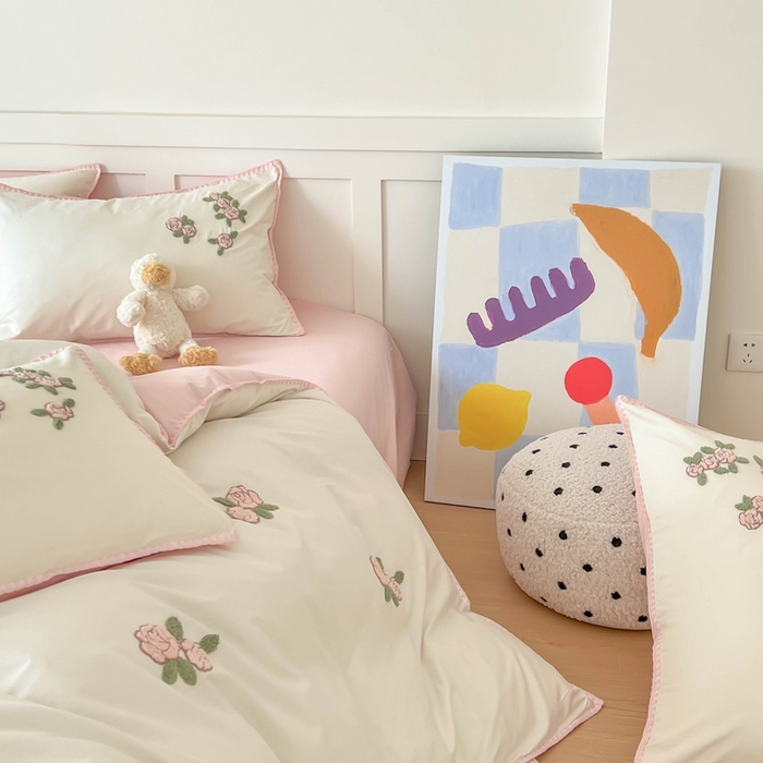 91家纺网 家纺一手货源 找家纺 蜜柚 2026新款全棉贝壳边小清新刺绣花四件套 玫瑰之约