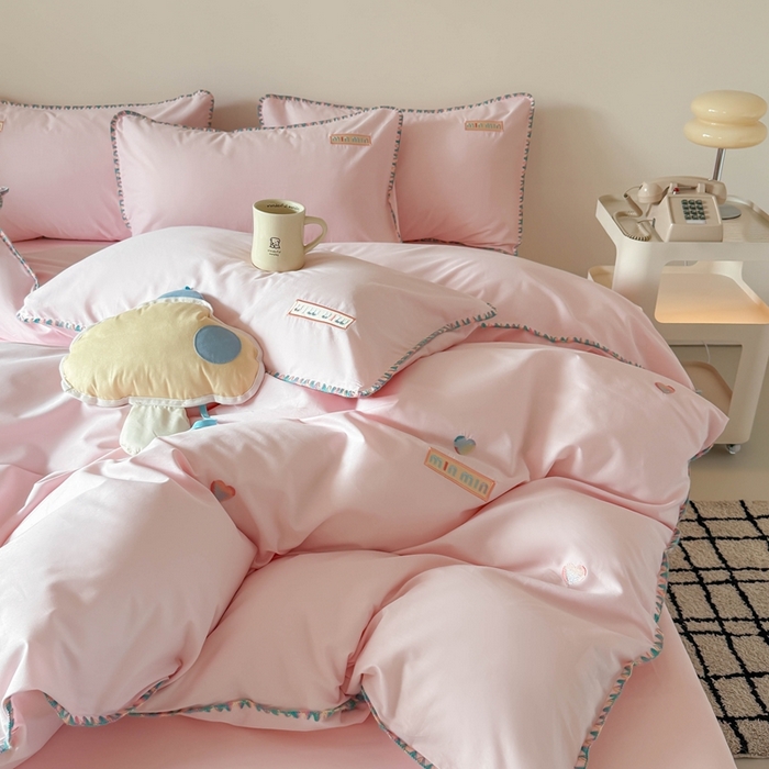 91家纺网 家纺一手货源 找家纺 蜜柚 2026新款全棉贝壳边小清新刺绣花四件套 爱心mini-粉