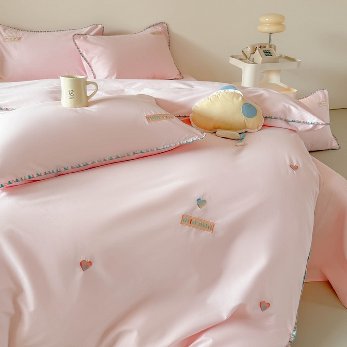 91家纺网 家纺一手货源 找家纺 蜜柚 2026新款全棉贝壳边小清新刺绣花四件套 爱心mini-粉