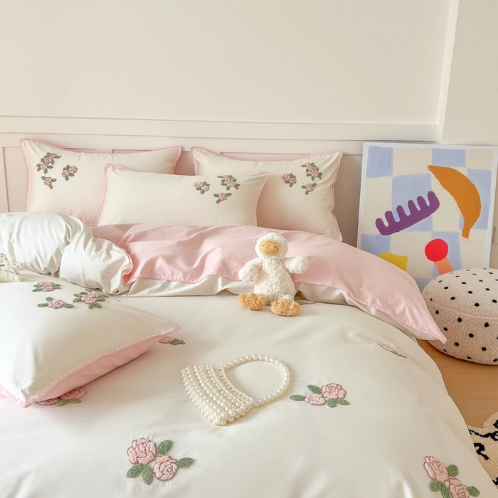 91家纺网 家纺一手货源 找家纺 蜜柚 2026新款全棉贝壳边小清新刺绣花四件套 玫瑰之约