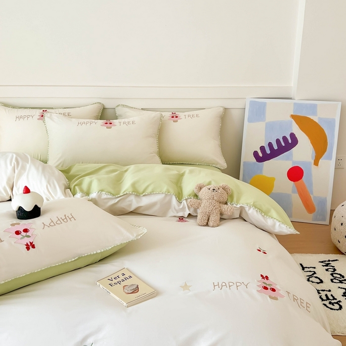 91家纺网 家纺一手货源 找家纺 蜜柚 2026新款全棉贝壳边小清新刺绣花四件套 幸福树-绿