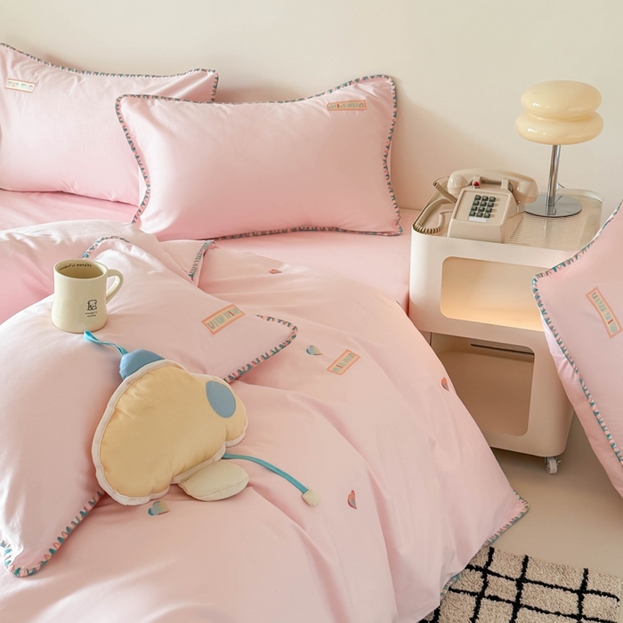 91家纺网 家纺一手货源 找家纺 蜜柚 2026新款全棉贝壳边小清新刺绣花四件套 爱心mini-粉