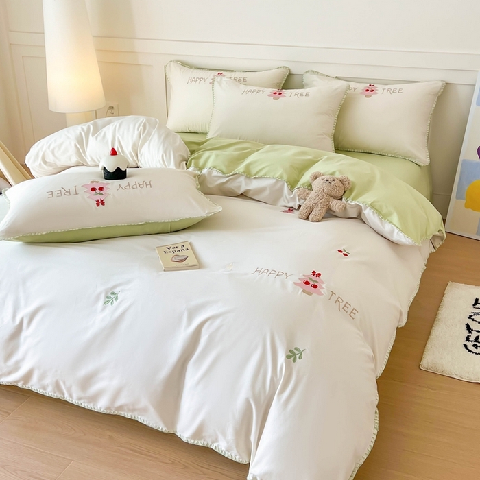 91家纺网 家纺一手货源 找家纺 蜜柚 2026新款全棉贝壳边小清新刺绣花四件套 幸福树-绿