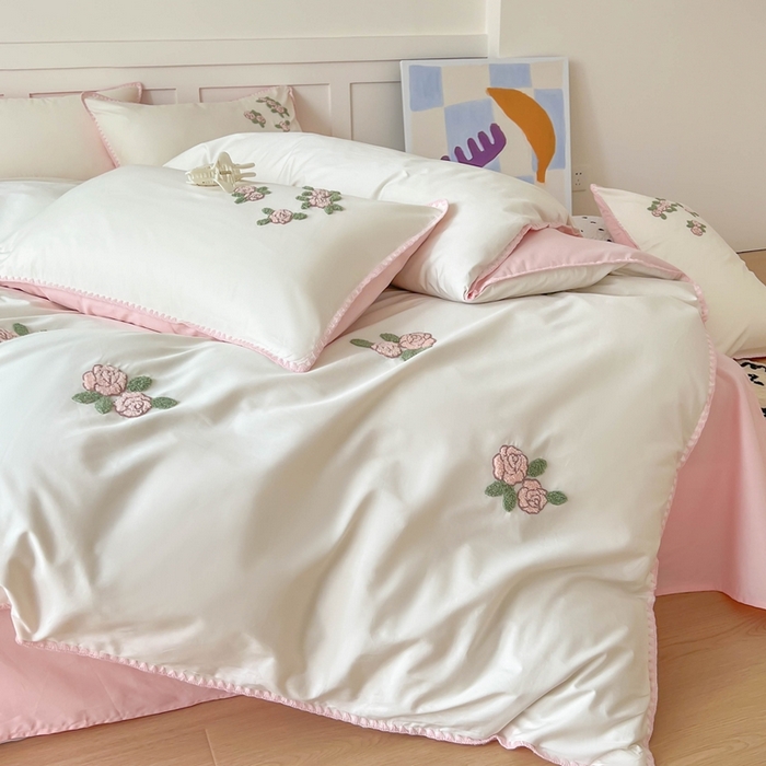 91家纺网 家纺一手货源 找家纺 蜜柚 2026新款全棉贝壳边小清新刺绣花四件套 玫瑰之约