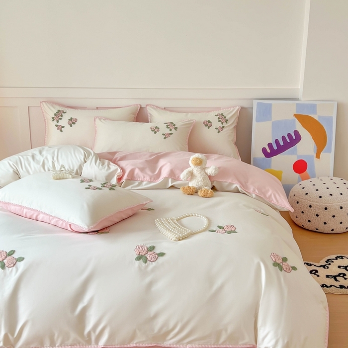 91家纺网 家纺一手货源 找家纺 蜜柚 2026新款全棉贝壳边小清新刺绣花四件套 玫瑰之约