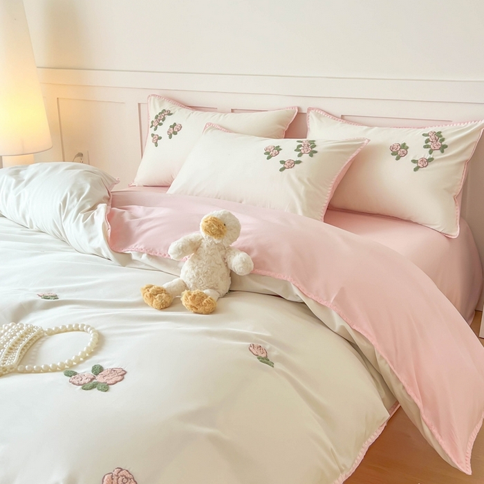 91家纺网 家纺一手货源 找家纺 蜜柚 2026新款全棉贝壳边小清新刺绣花四件套 玫瑰之约