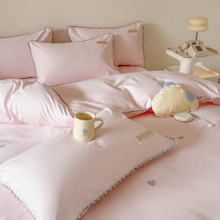 91家纺网 家纺一手货源 找家纺 蜜柚 2026新款全棉贝壳边小清新刺绣花四件套 爱心mini-粉