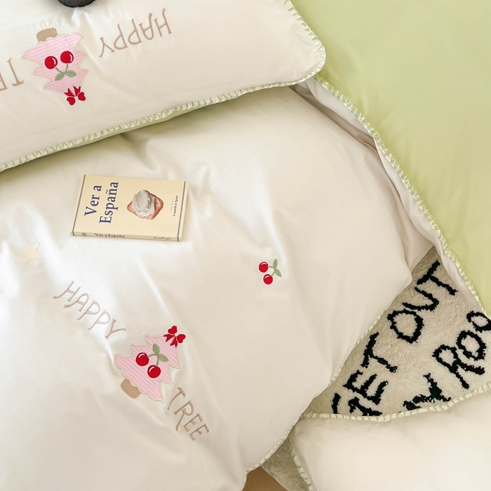 91家纺网 家纺一手货源 找家纺 蜜柚 2026新款全棉贝壳边小清新刺绣花四件套 幸福树-绿