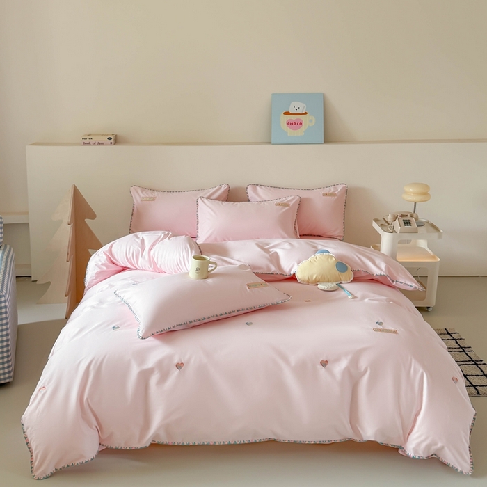 91家纺网 家纺一手货源 找家纺 蜜柚 2026新款全棉贝壳边小清新刺绣花四件套 爱心mini-粉