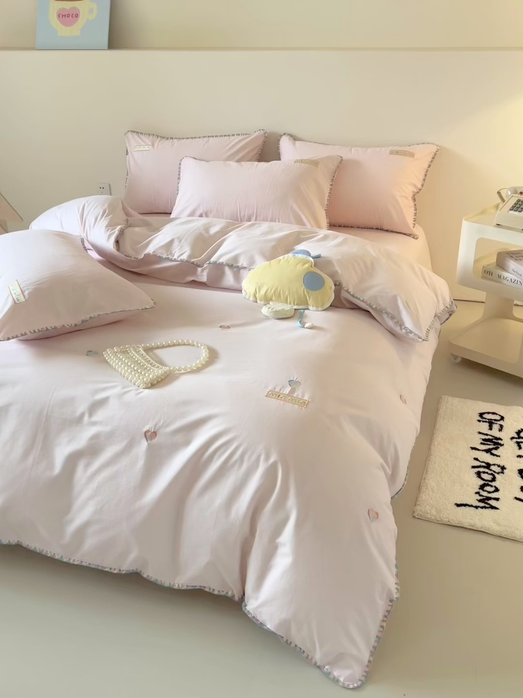 91家纺网 家纺一手货源 找家纺 蜜柚 2026新款全棉贝壳边小清新刺绣花四件套 爱心mini-粉