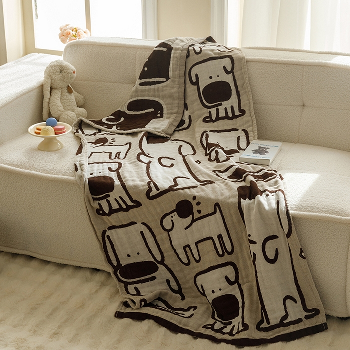 91家纺网 家纺一手货源 找家纺 沐珩家纺 2026新款全棉纯棉四层纱布浴巾沙发巾加大尺寸多功能毛巾毯 大鼻狗