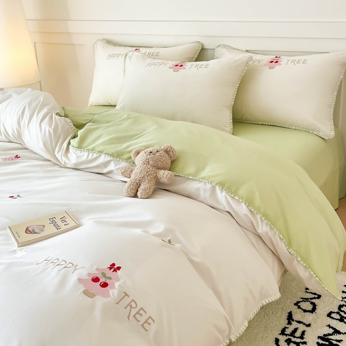 91家纺网 家纺一手货源 找家纺 蜜柚 2026新款全棉贝壳边小清新刺绣花四件套 幸福树-绿