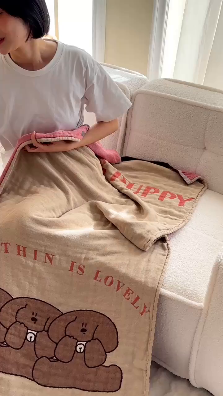 91家纺网 家纺一手货源 找家纺 沐珩家纺 2026新款全棉纯棉四层纱布浴巾沙发巾加大尺寸多功能毛巾毯 菲菲狗