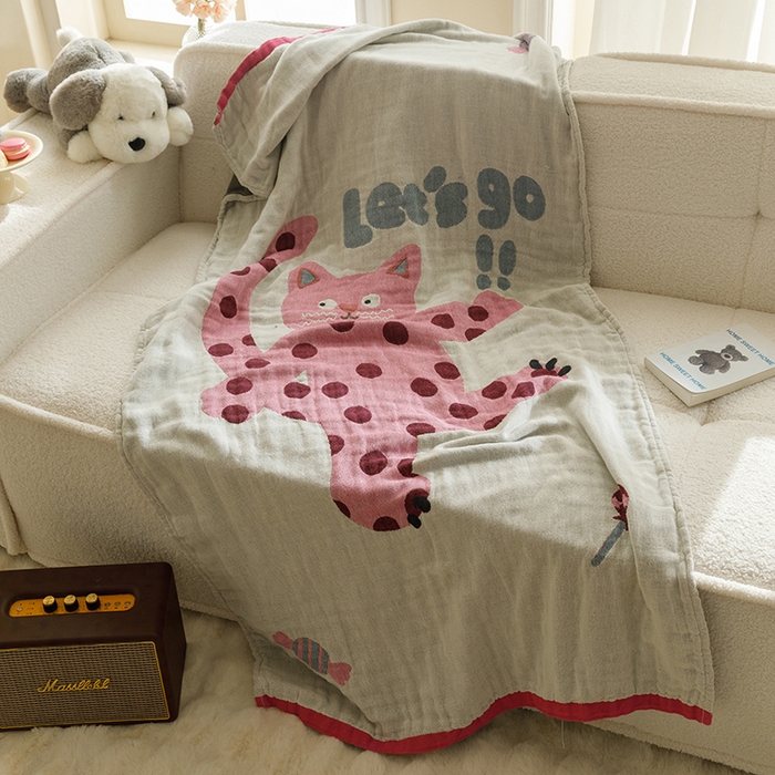 91家纺网 家纺一手货源 找家纺 沐珩家纺 2026新款全棉纯棉四层纱布浴巾沙发巾加大尺寸多功能毛巾毯 怪咖猫