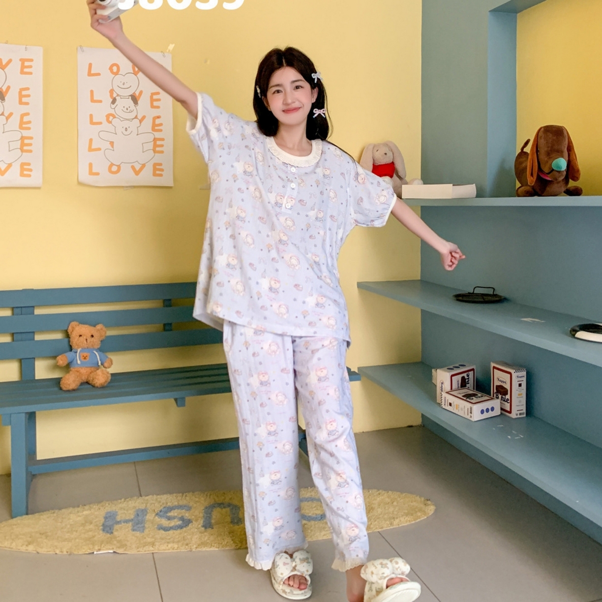 91家纺网 家纺一手货源 找家纺 妍景家居生活馆 2026新款甜蜜星愿套装 蓝色