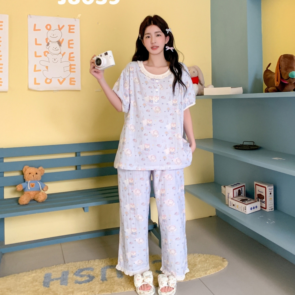 91家纺网 家纺一手货源 找家纺 妍景家居生活馆 2026新款甜蜜星愿套装 蓝色