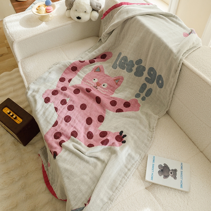 91家纺网 家纺一手货源 找家纺 沐珩家纺 2026新款全棉纯棉四层纱布浴巾沙发巾加大尺寸多功能毛巾毯 怪咖猫