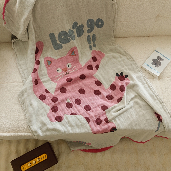 91家纺网 家纺一手货源 找家纺 沐珩家纺 2026新款全棉纯棉四层纱布浴巾沙发巾加大尺寸多功能毛巾毯 怪咖猫