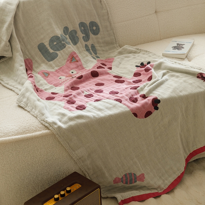 91家纺网 家纺一手货源 找家纺 沐珩家纺 2026新款全棉纯棉四层纱布浴巾沙发巾加大尺寸多功能毛巾毯 怪咖猫