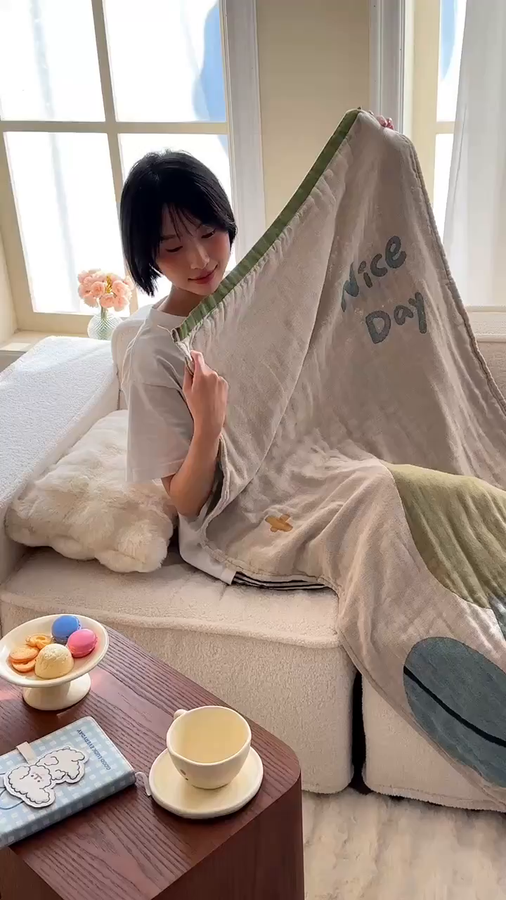 91家纺网 家纺一手货源 找家纺 沐珩家纺 2026新款全棉纯棉四层纱布浴巾沙发巾加大尺寸多功能毛巾毯 小美好