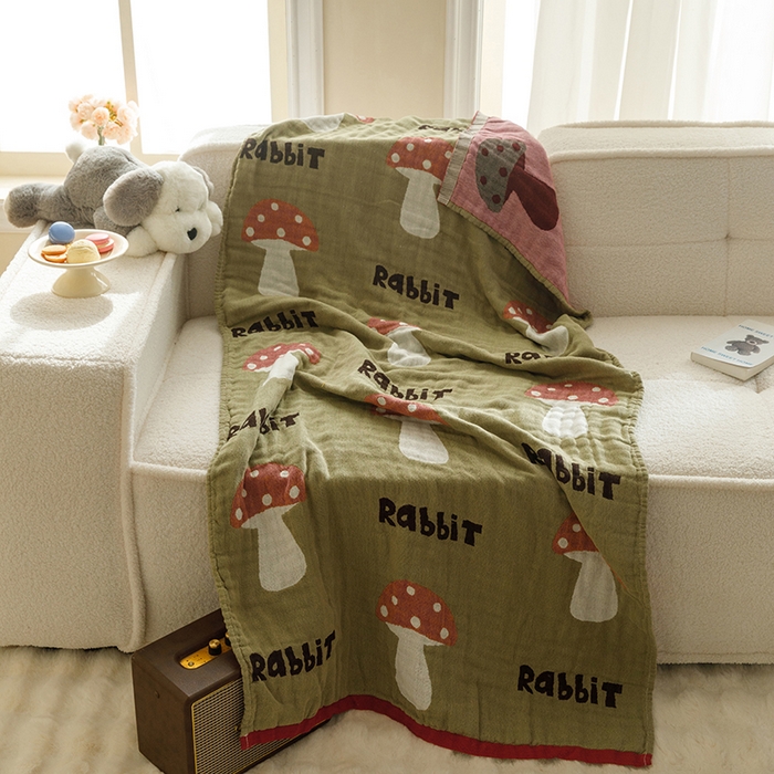 91家纺网 家纺一手货源 找家纺 沐珩家纺 2026新款全棉纯棉四层纱布浴巾沙发巾加大尺寸多功能毛巾毯 小蘑菇