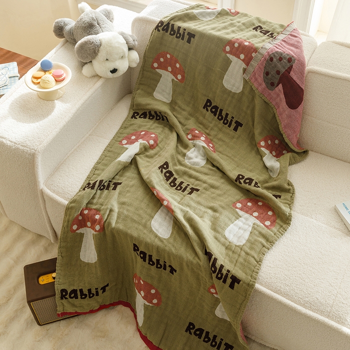 91家纺网 家纺一手货源 找家纺 沐珩家纺 2026新款全棉纯棉四层纱布浴巾沙发巾加大尺寸多功能毛巾毯 小蘑菇